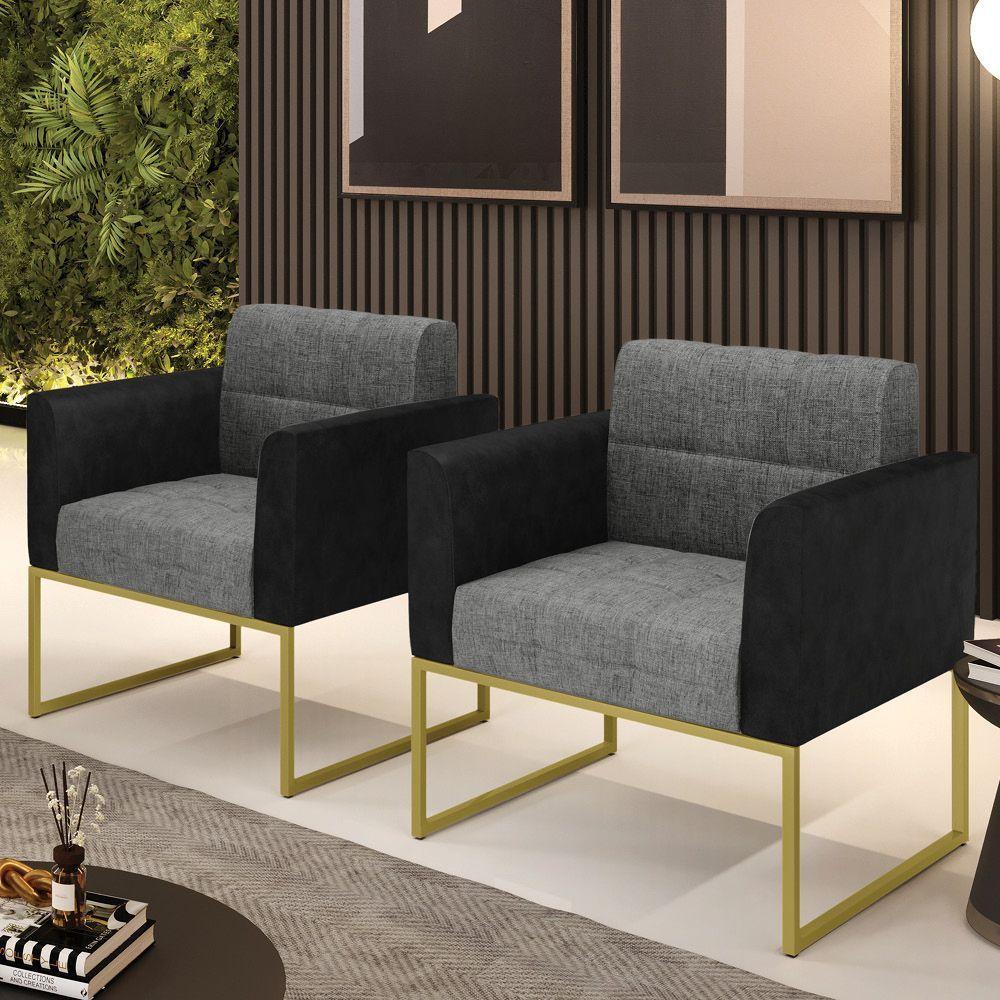 Poltrona Base Industrial Dourado Kit 2 Elisa Preto-linho Grafite A26 D03 - D'rossi - 6