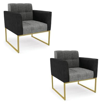 Poltrona Base Industrial Dourado Kit 2 Elisa Preto-linho Grafite A26 D03 - D'rossi