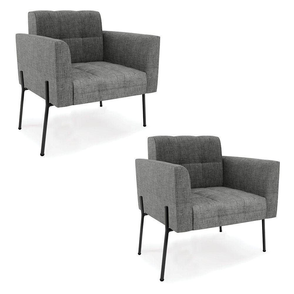 Poltrona Pé De Ferro Preto Para Sala Kit 2 Elisa Linho D03 - D'rossi Cor A26 Grafite - 1