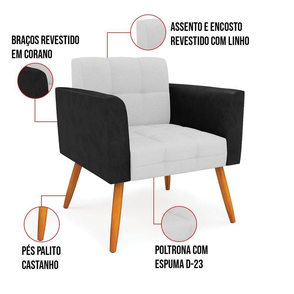 Poltrona Pés Palito Castanho Kit 2 Elisa Preto-linho Cinza A05 D03 - D'rossi - 2