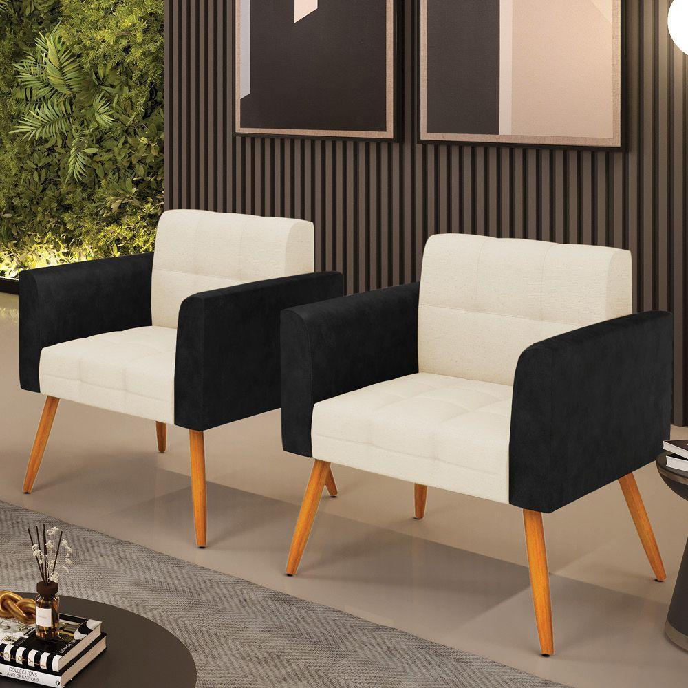 Poltrona Pés Palito Castanho Kit 2 Elisa Preto-linho Bege A19 D03 - D'rossi - 3