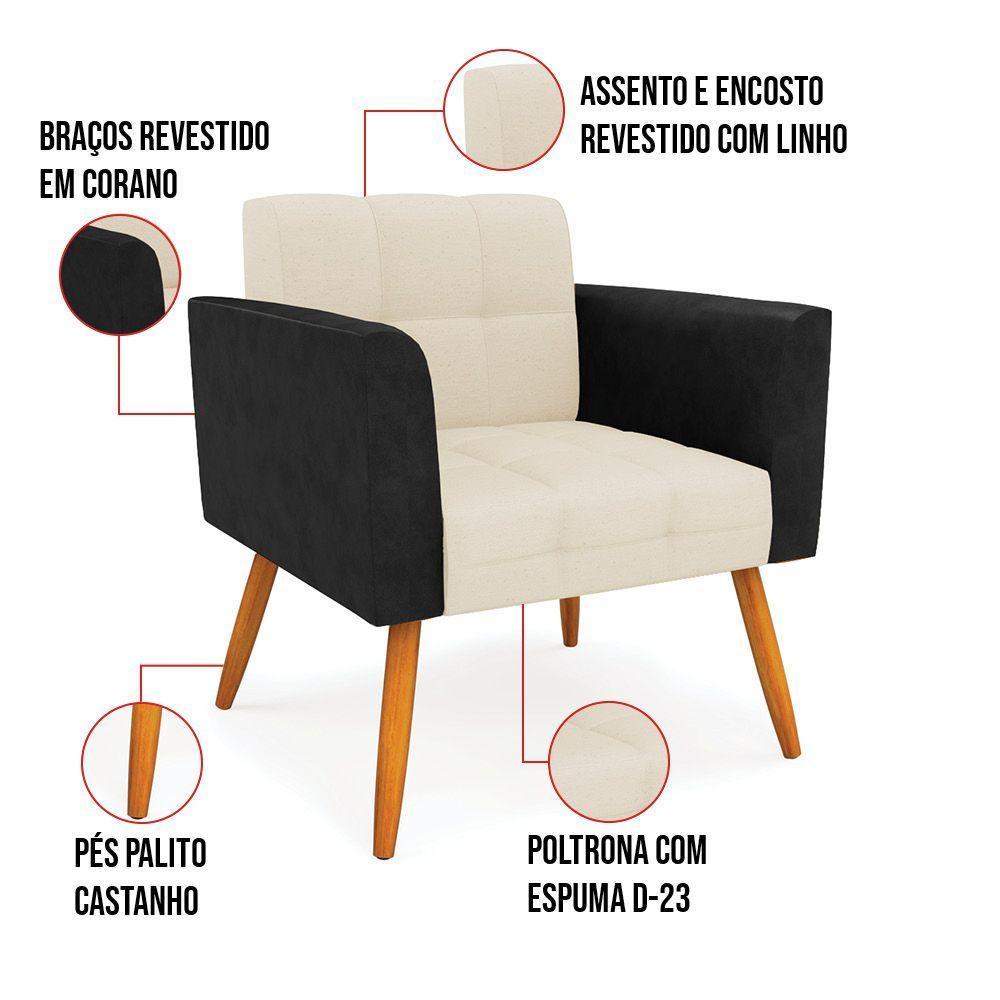Poltrona Pés Palito Castanho Kit 2 Elisa Preto-linho Bege A19 D03 - D'rossi - 7