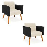 Poltrona Pés Palito Castanho Kit 2 Elisa Preto-linho Bege A19 D03 - D'rossi - 1