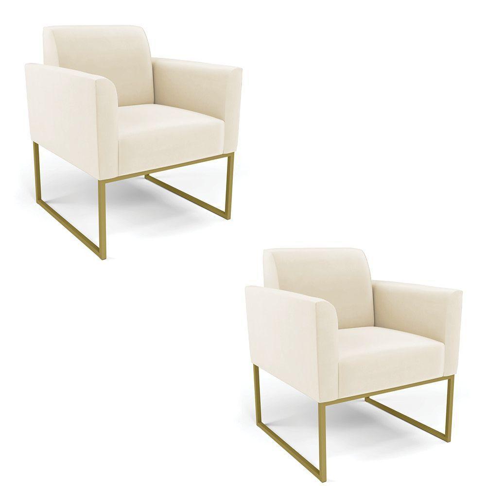 Kit 2 Poltronas Base Industrial Dourado Marisa Veludo Bege D03 - D'rossi - 1