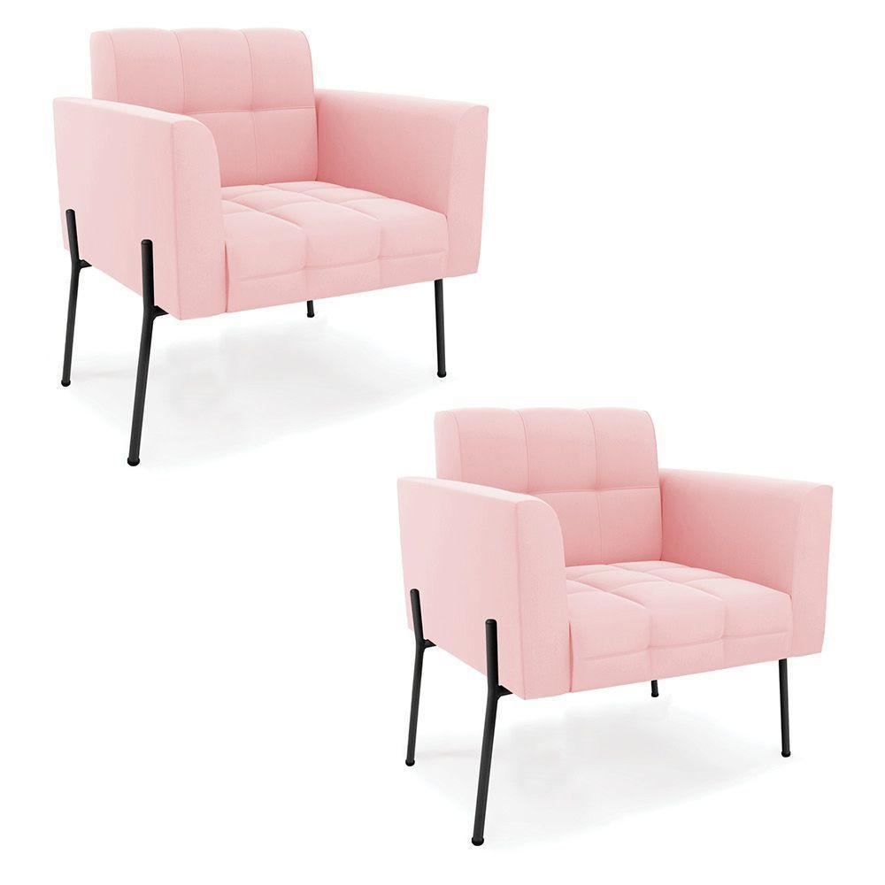 Poltrona Pé De Ferro Preto Para Sala Kit 2 Elisa Suede Rosa Bebê D03 - D'rossi - 1