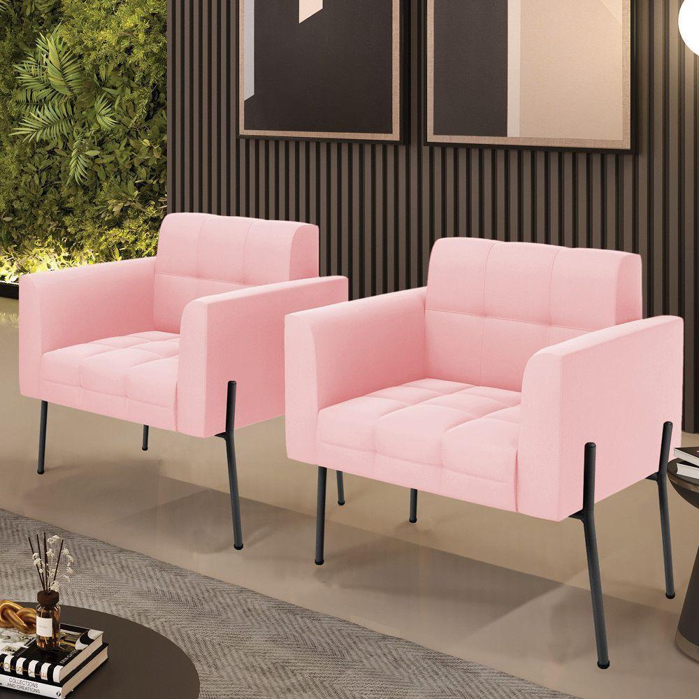 Poltrona Pé De Ferro Preto Para Sala Kit 2 Elisa Suede Rosa Bebê D03 - D'rossi - 4