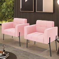 Poltrona Pé De Ferro Preto Para Sala Kit 2 Elisa Suede Rosa Bebê D03 - D'rossi