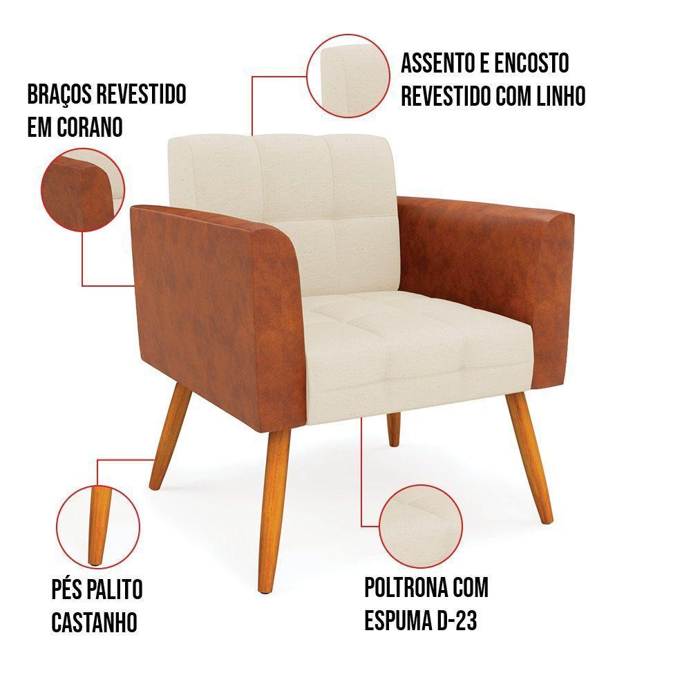 Poltrona Pés Palito Castanho Kit 2 Elisa Nozes-linho Bege A19 D03 - D'rossi - 2