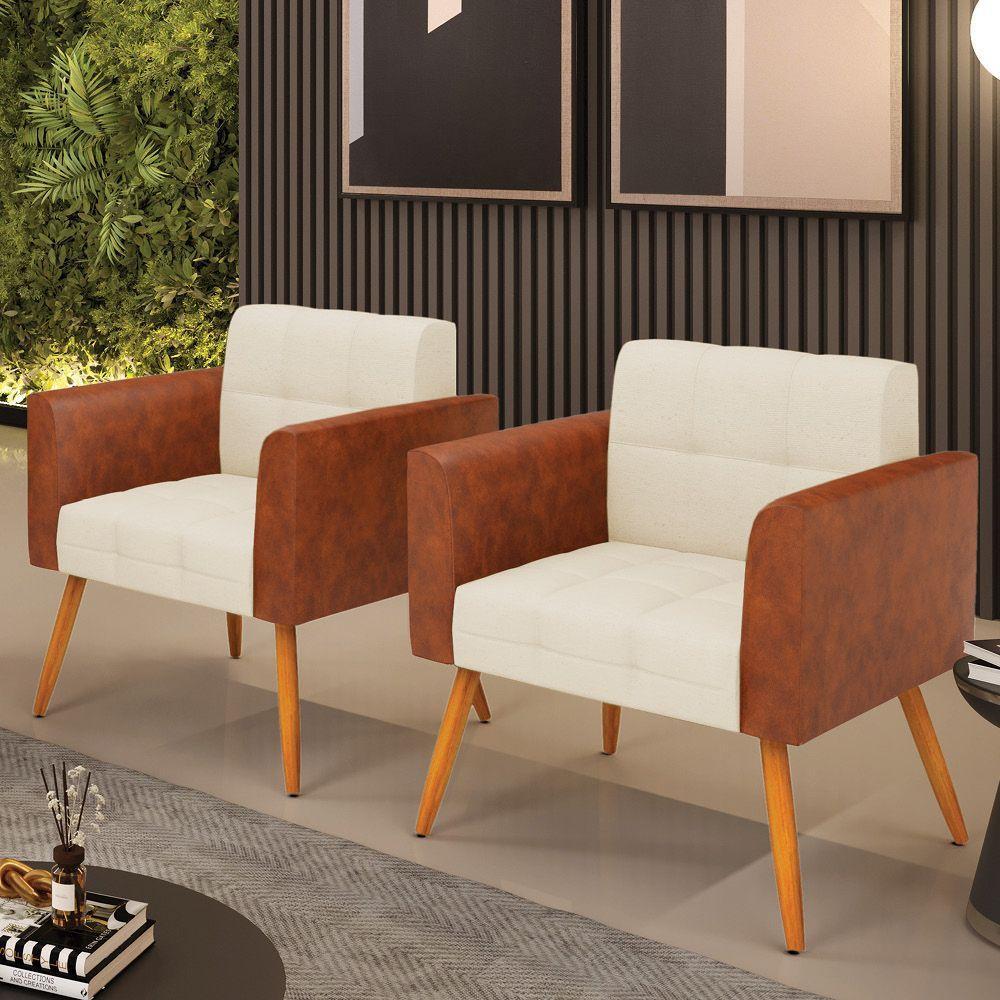 Poltrona Pés Palito Castanho Kit 2 Elisa Nozes-linho Bege A19 D03 - D'rossi - 7