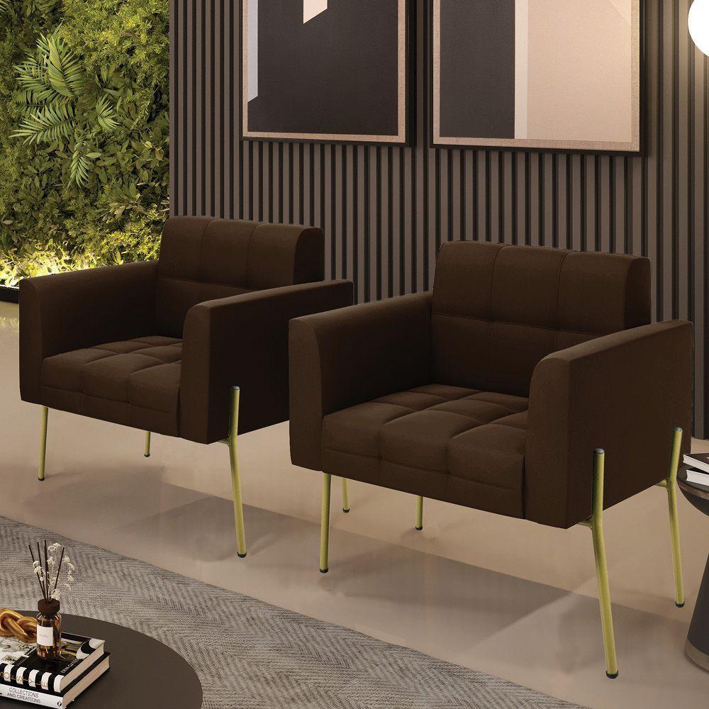 Poltrona Pé De Ferro Dourado Para Sala Kit 2 Elisa Suede D03 - D'rossi Cor Marrom - 6