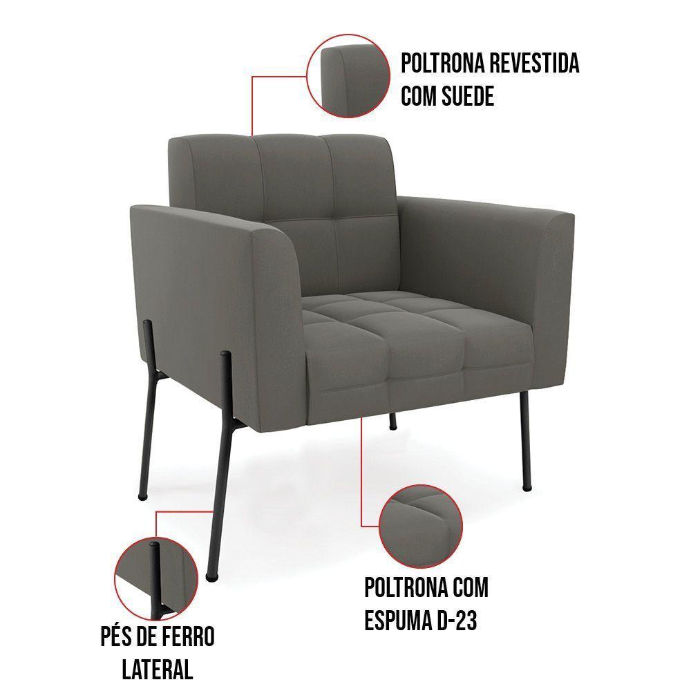 Poltrona Pé De Ferro Preto Para Sala Kit 2 Elisa Suede Grafite D03 - D'rossi - 3