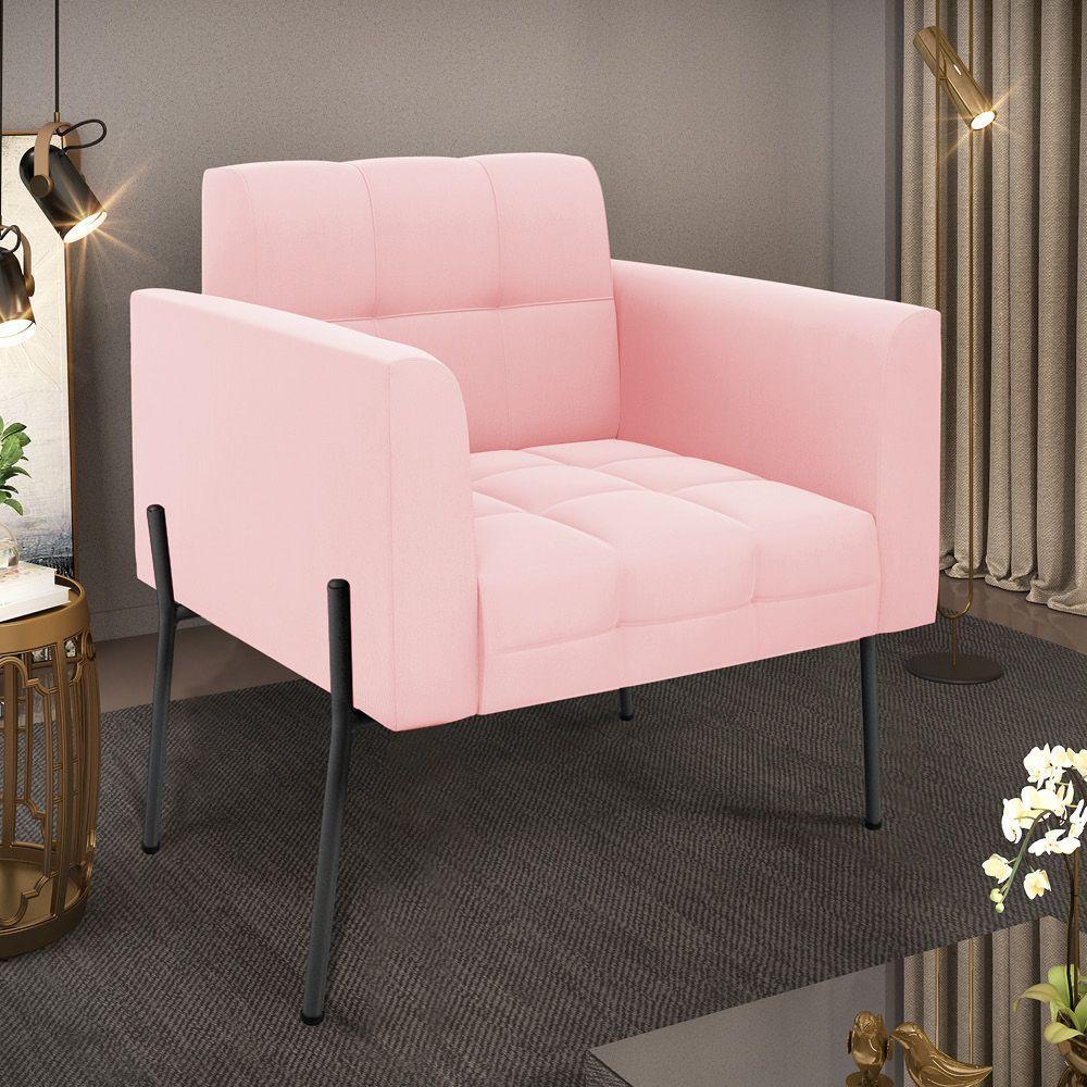 Poltrona Pé De Ferro Preto Para Sala Elisa Suede Rosa Bebê D03 - D'rossi - 6