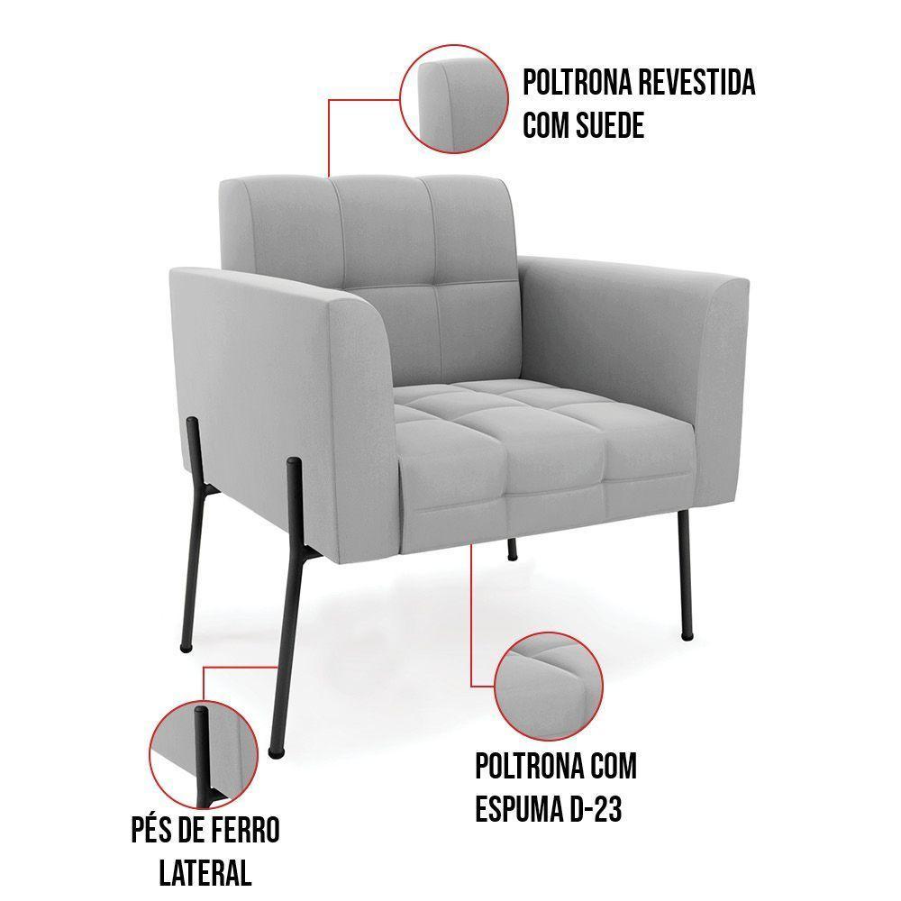 Poltrona Pé De Ferro Preto Para Sala Kit 2 Elisa Suede Cinza D03 - D'rossi - 5