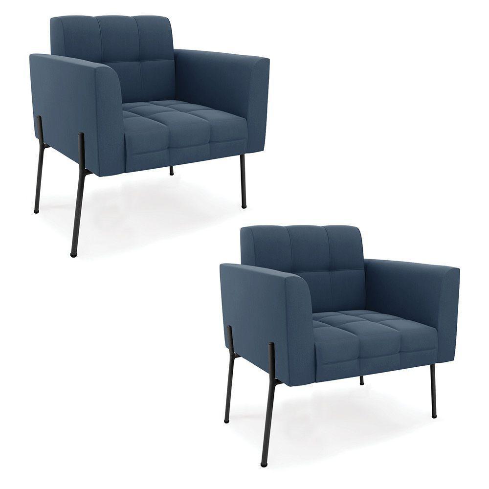 Poltrona Pé De Ferro Preto Para Sala Kit 2 Elisa Suede Azul Marinho D03 - D'rossi - 1