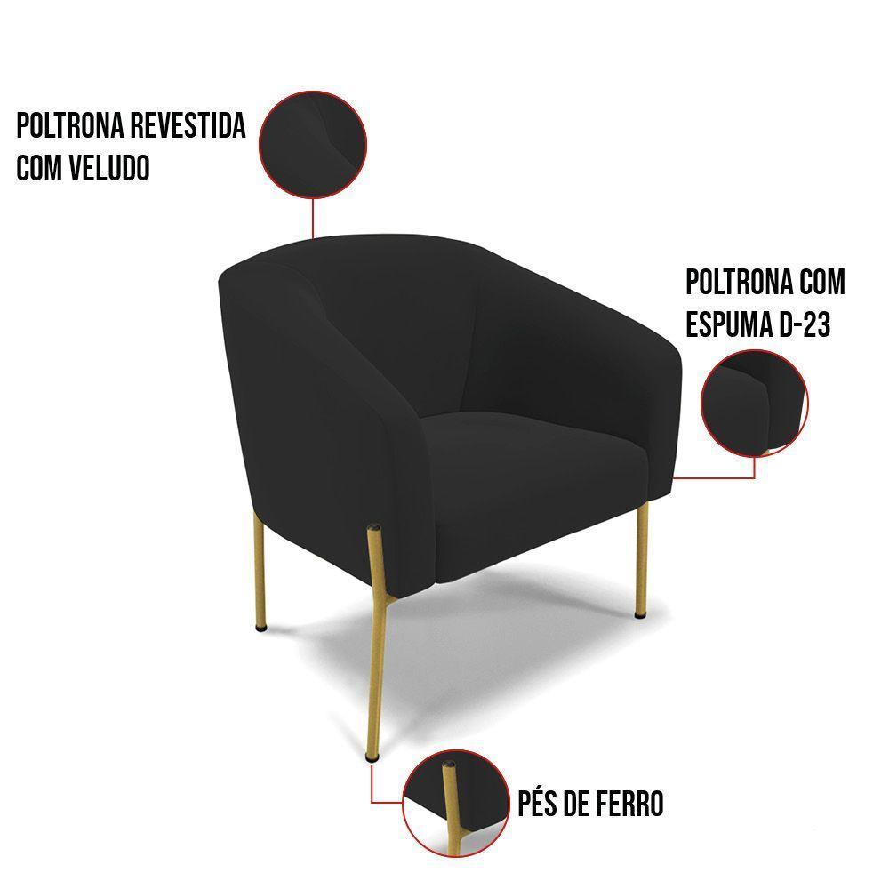 Poltrona Pé De Ferro Dourado Kit 2 Stella Veludo Preto D03 - D'rossi - 3