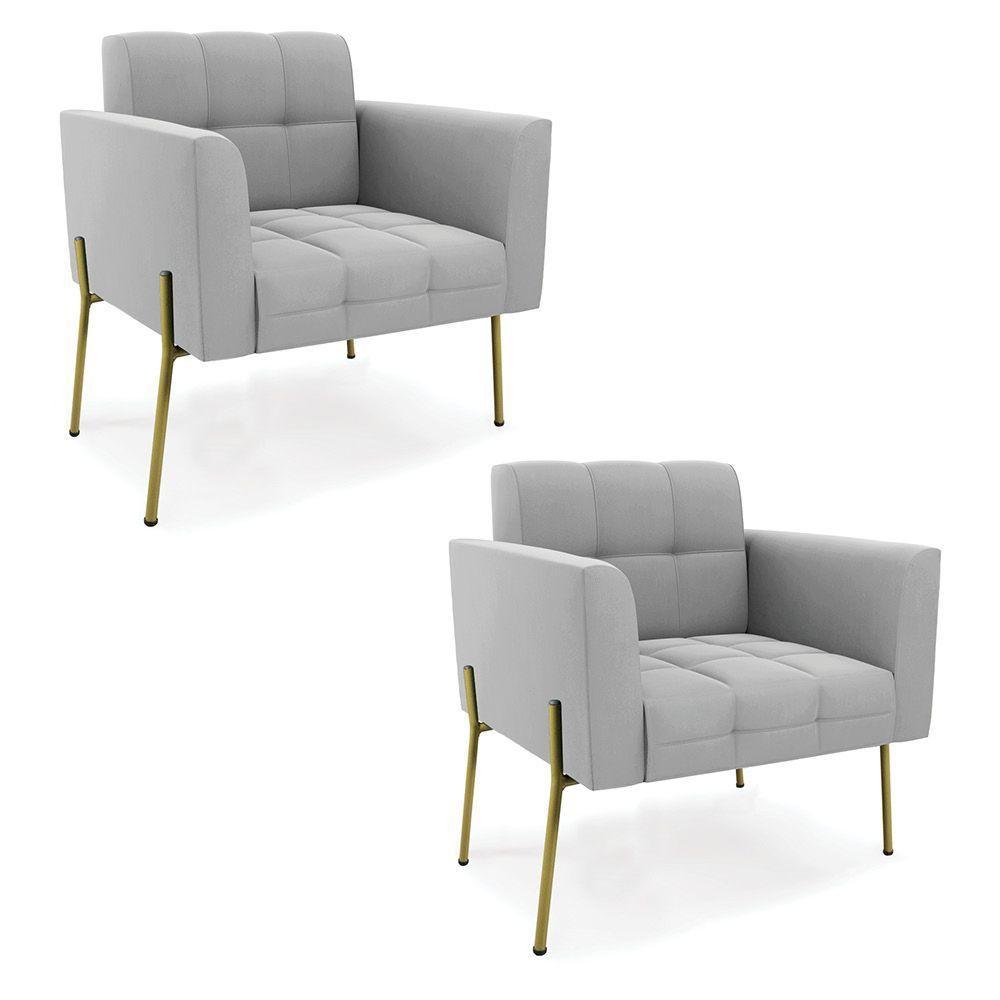 Poltrona Pé De Ferro Dourado Para Sala Kit 2 Elisa Suede D03 - D'rossi Cor Cinza - 1