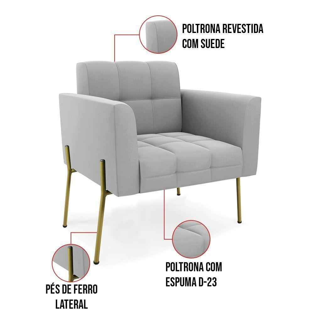 Poltrona Pé De Ferro Dourado Para Sala Kit 2 Elisa Suede D03 - D'rossi Cor Cinza - 6