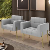 Poltrona Pé De Ferro Dourado Para Sala Kit 2 Elisa Suede D03 - D'rossi Cor Cinza - 5