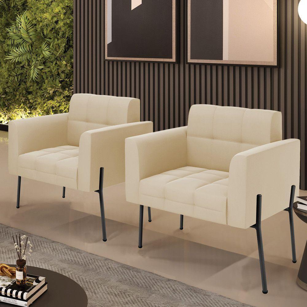 Poltrona Pé De Ferro Preto Para Sala Kit 2 Elisa Suede Bege D03 - D'rossi - 6