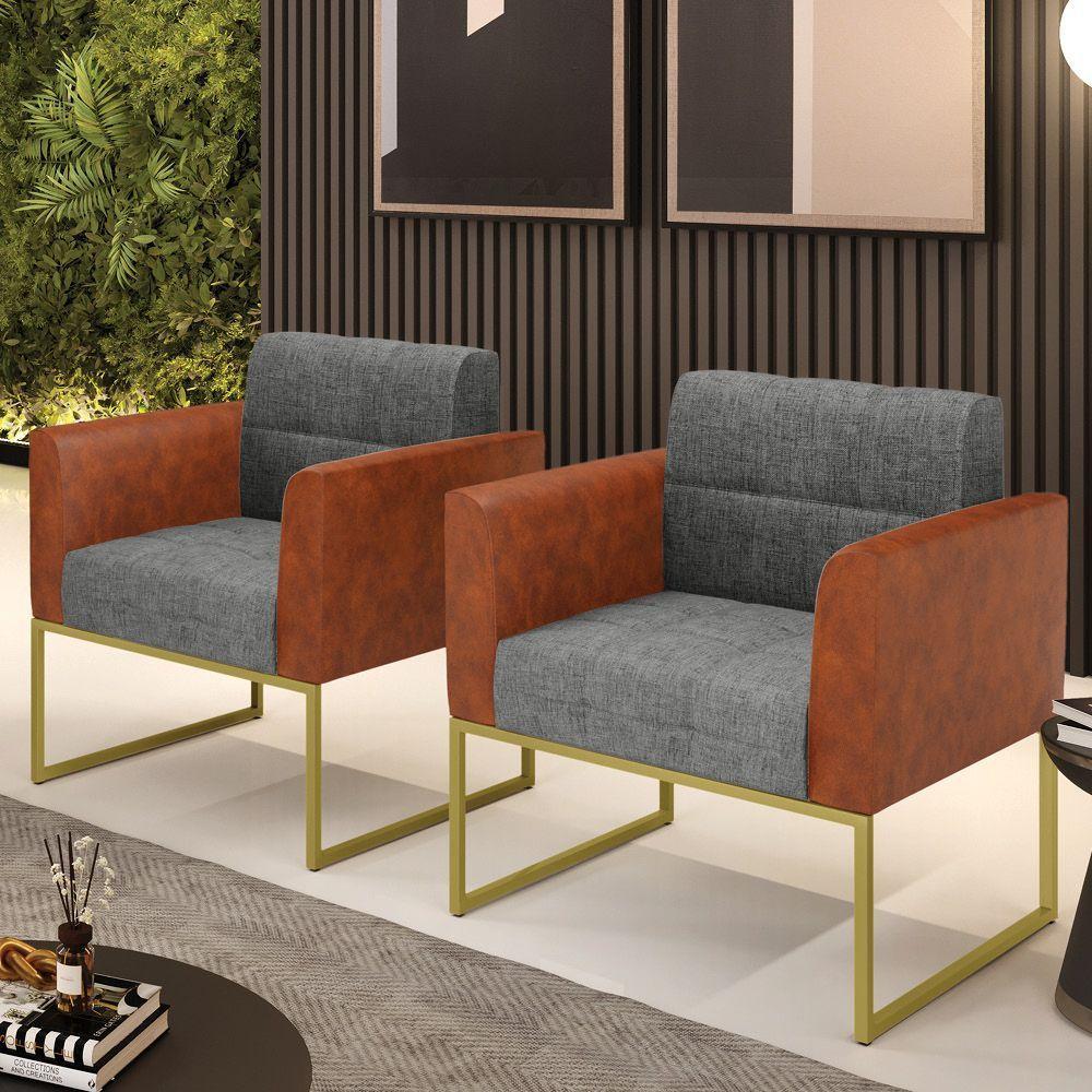 Poltrona Base Industrial Dourado Kit 2 Elisa Nozes-linho Grafite A26 D03 - D'rossi - 6