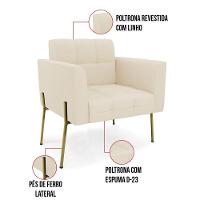 Poltrona Pé De Ferro Dourado Para Sala Kit 2 Elisa Linho Bege A19 D03 - D'rossi - 3