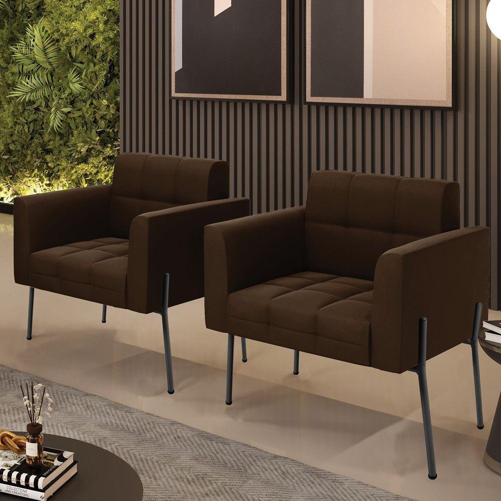 Poltrona Pé De Ferro Preto Para Sala Kit 2 Elisa Suede D03 - D'rossi Cor Marrom - 6