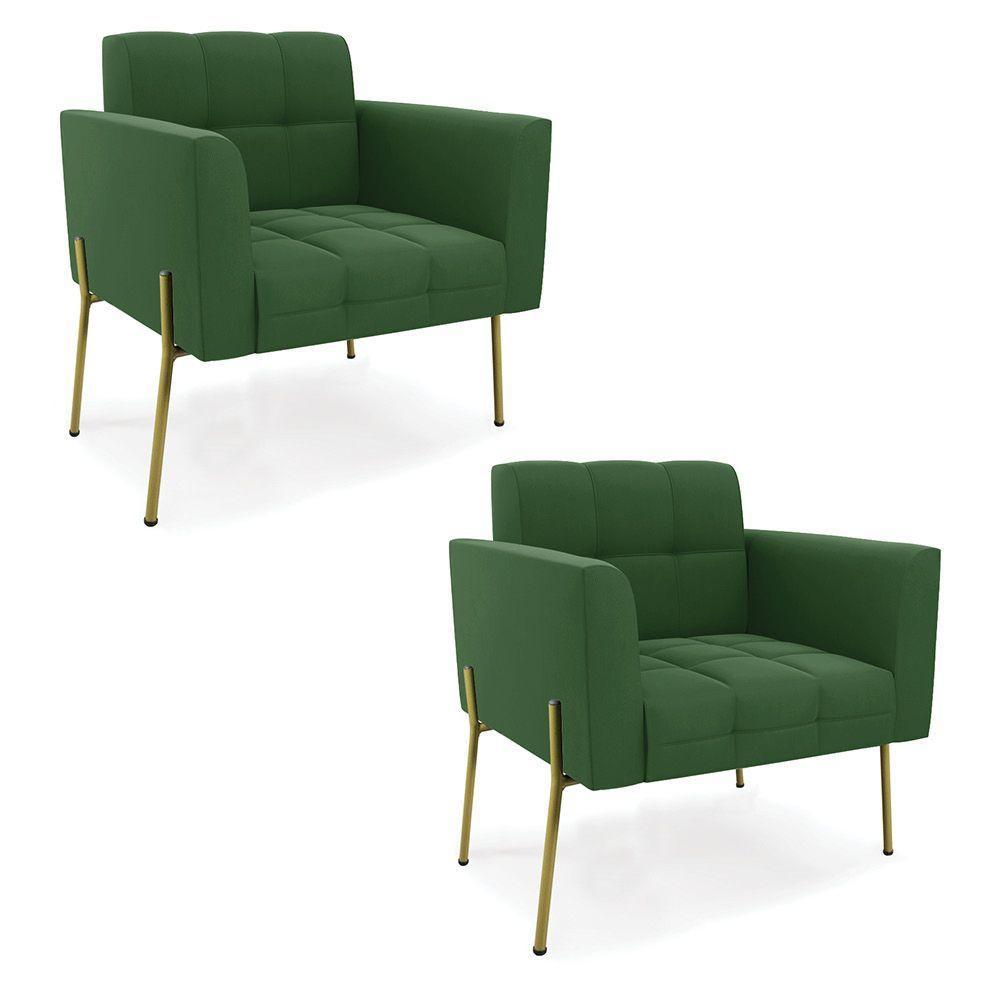Poltrona Pé De Ferro Dourado Para Sala Kit 2 Elisa Suede D03 - D'rossi Cor Verde - 1