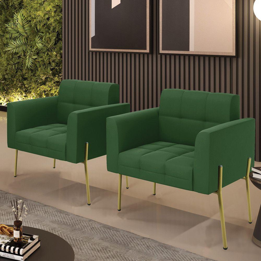 Poltrona Pé De Ferro Dourado Para Sala Kit 2 Elisa Suede D03 - D'rossi Cor Verde - 5