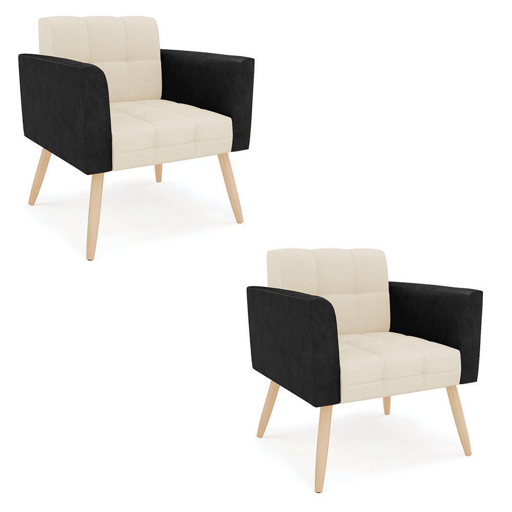 Poltrona Pés Palito Natural Kit 2 Elisa Preto-linho Bege A19 D03 - D'rossi - 1