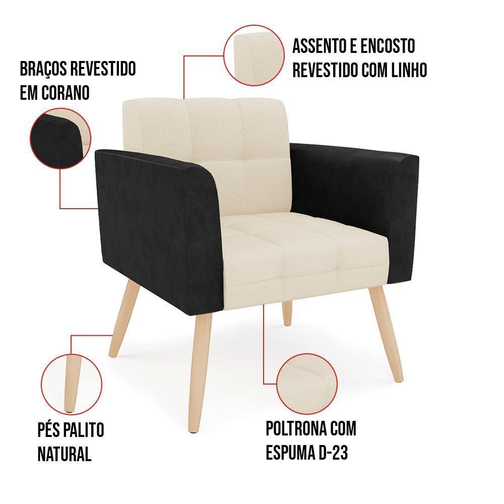 Poltrona Pés Palito Natural Kit 2 Elisa Preto-linho Bege A19 D03 - D'rossi - 4