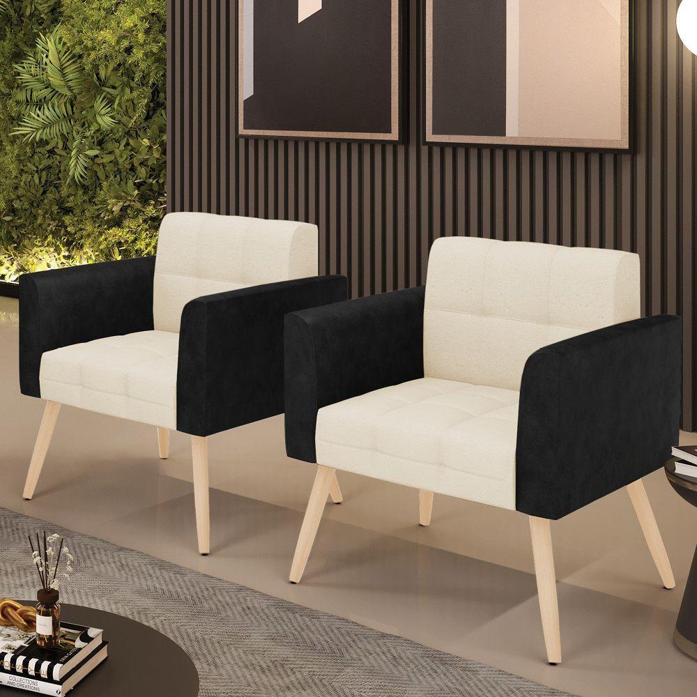 Poltrona Pés Palito Natural Kit 2 Elisa Preto-linho Bege A19 D03 - D'rossi - 5