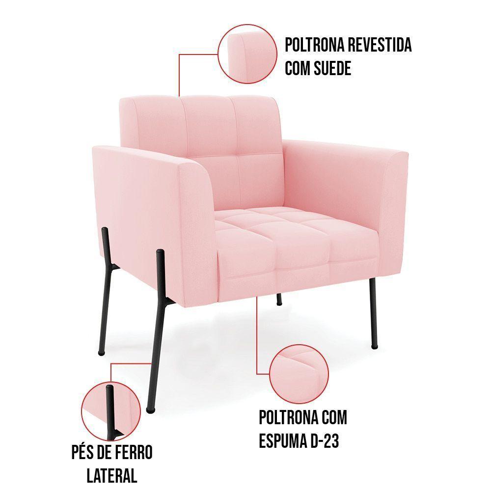 Poltrona Pé De Ferro Preto Para Sala Kit 2 Elisa Suede D03 - D'rossi Cor Rosa Bebê - 4