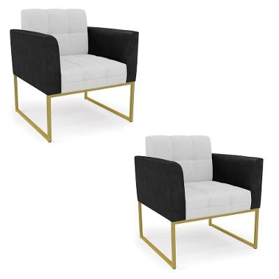 Poltrona Base Industrial Dourado Kit 2 Elisa Preto-linho Cinza A05 D03 - D'rossi