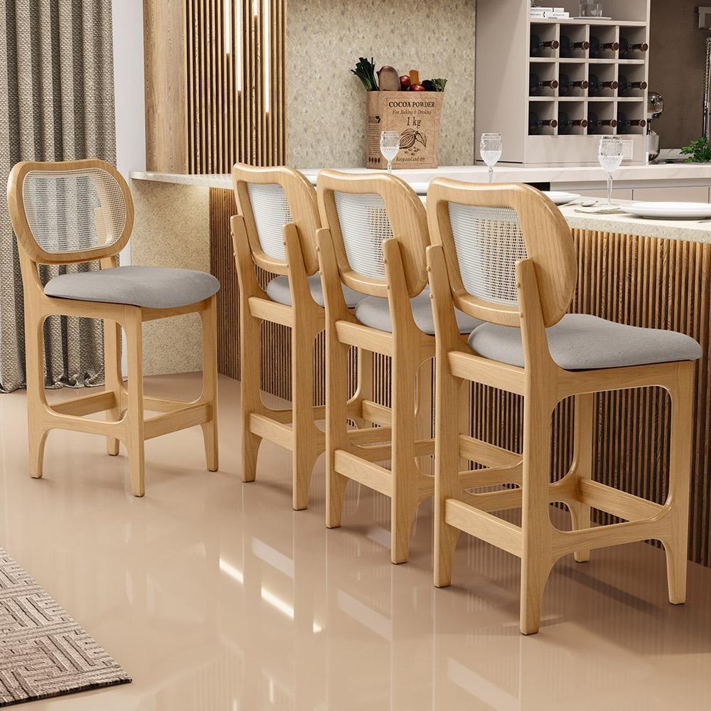 Kit 6 Banquetas Baixa Bar Cozinha Sala De Jantar Betta L02 Mel Tela Linho Bege - Lyam Decor - 6