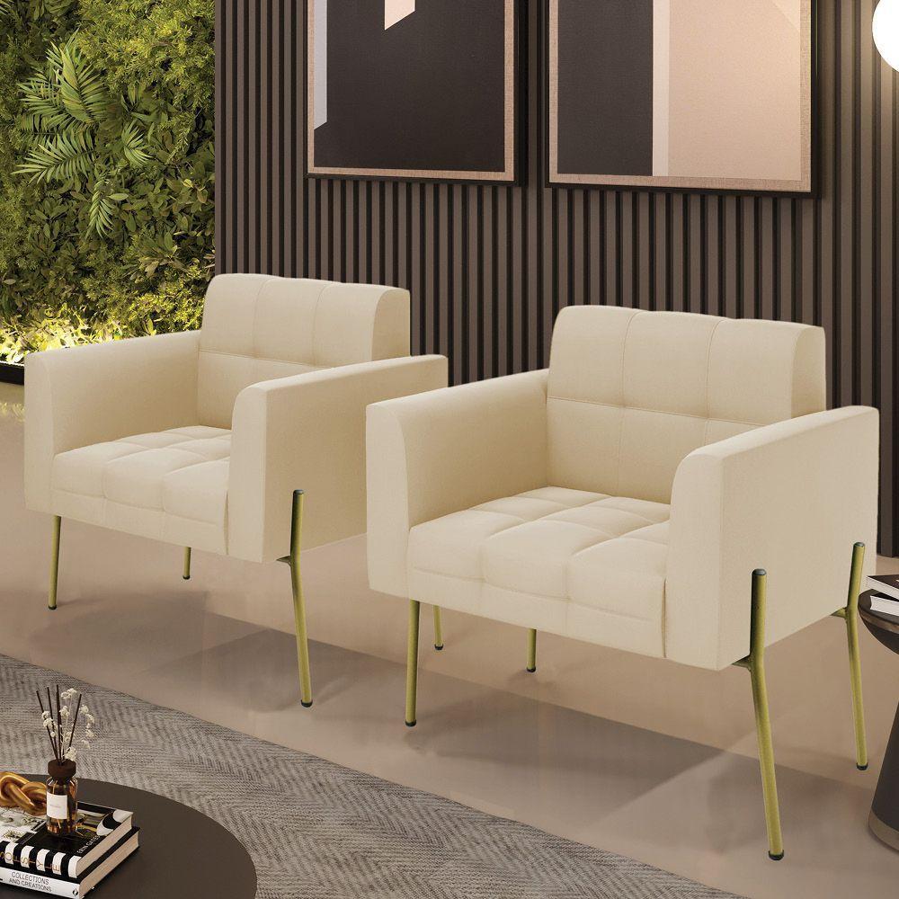 Poltrona Pé De Ferro Dourado Para Sala Kit 2 Elisa Suede D03 - D'rossi Cor Bege - 3