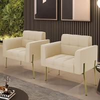 Poltrona Pé De Ferro Dourado Para Sala Kit 2 Elisa Suede D03 - D'rossi Cor Bege - 3