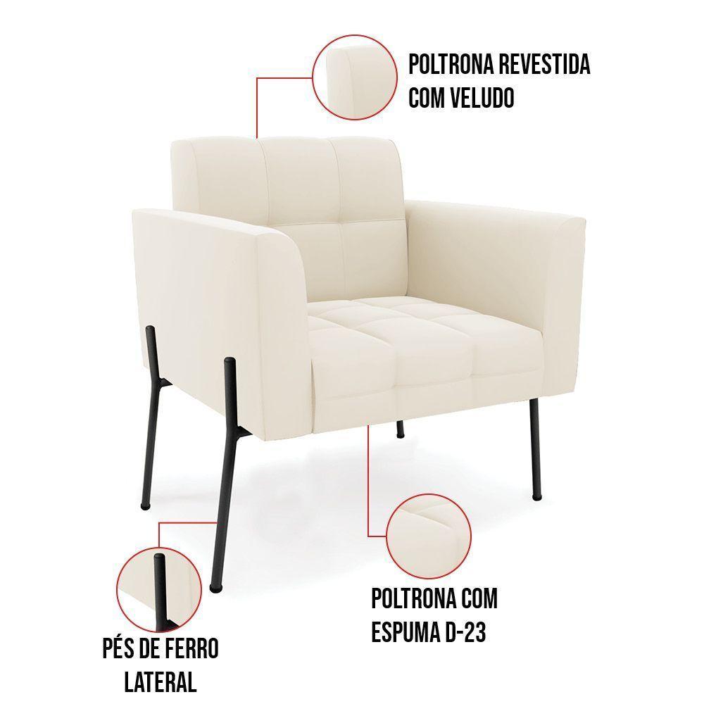 Poltrona Pé De Ferro Preto Para Sala Kit 2 Elisa Veludo D03 - D'rossi Cor Bege - 3