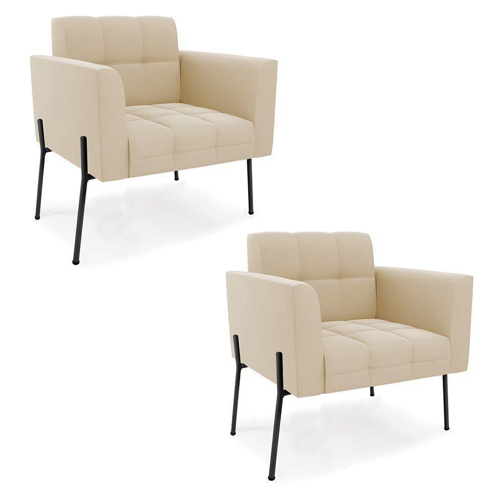 Poltrona Pé De Ferro Preto Para Sala Kit 2 Elisa Suede D03 - D'rossi Cor Bege - 1