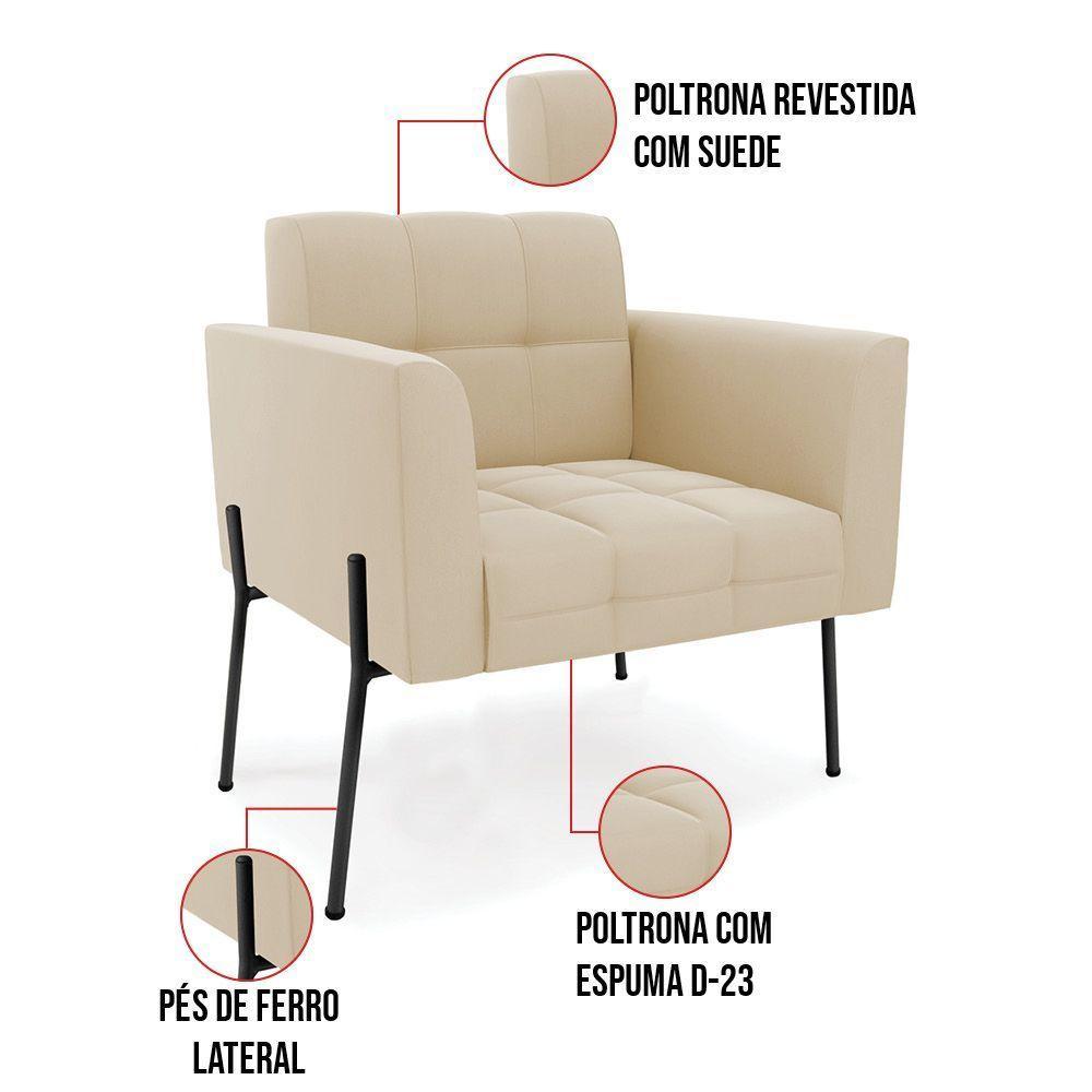 Poltrona Pé De Ferro Preto Para Sala Kit 2 Elisa Suede D03 - D'rossi Cor Bege - 3