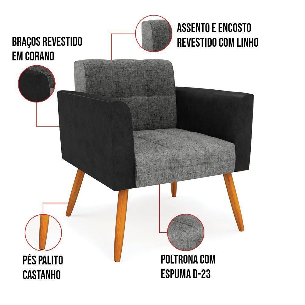Poltrona Pés Palito Castanho Elisa Preto-linho Grafite A26 D03 - D'rossi - 2