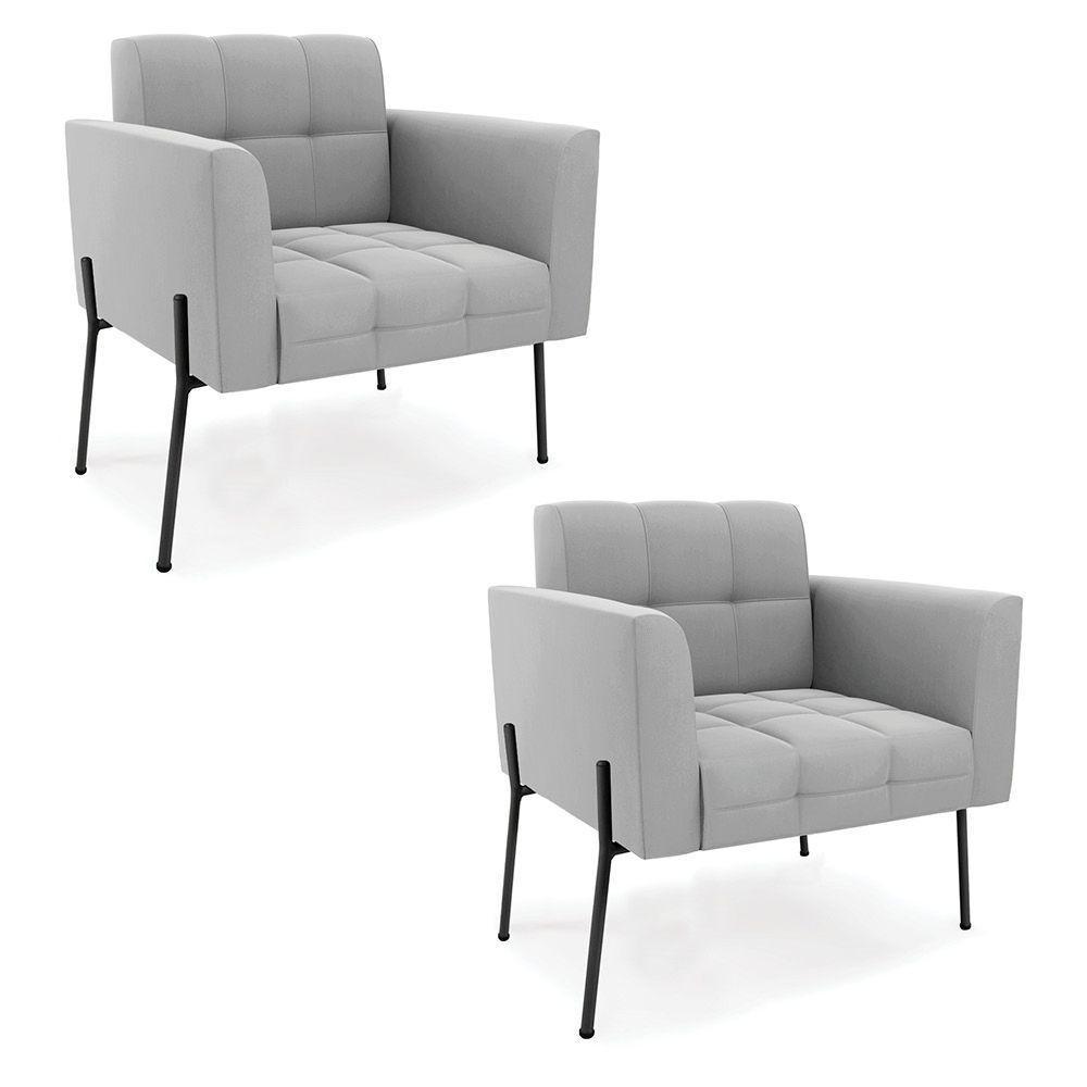 Poltrona Pé De Ferro Preto Para Sala Kit 2 Elisa Suede D03 - D'rossi Cor Cinza - 1