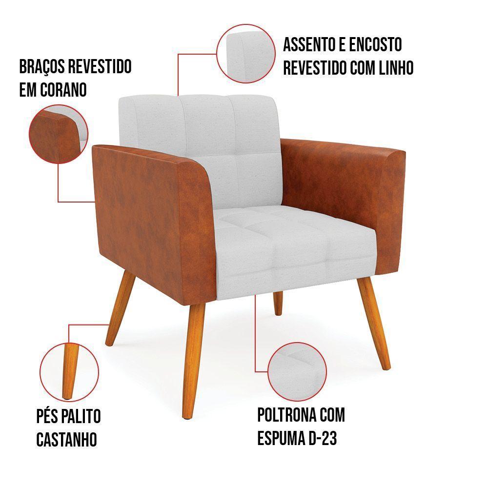 Poltrona Pés Palito Castanho Kit 2 Elisa Nozes-linho Cinza A05 D03 - D'rossi - 2