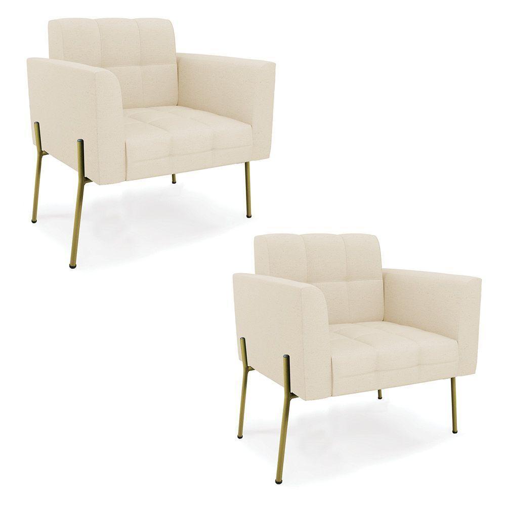 Poltrona Pé De Ferro Dourado Para Sala Kit 2 Elisa Linho D03 - D'rossi Cor A19 Bege - 1