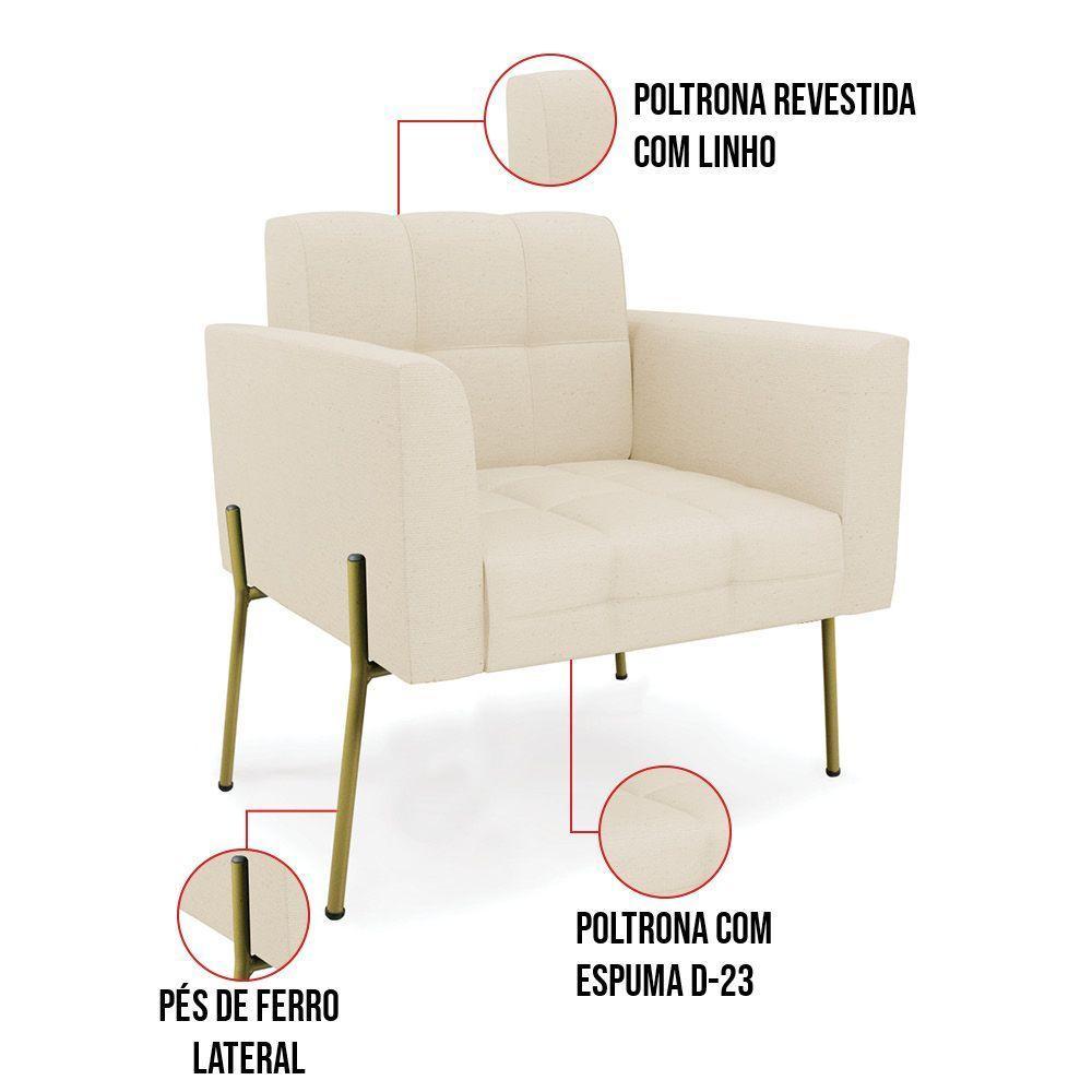 Poltrona Pé De Ferro Dourado Para Sala Kit 2 Elisa Linho D03 - D'rossi Cor A19 Bege - 3