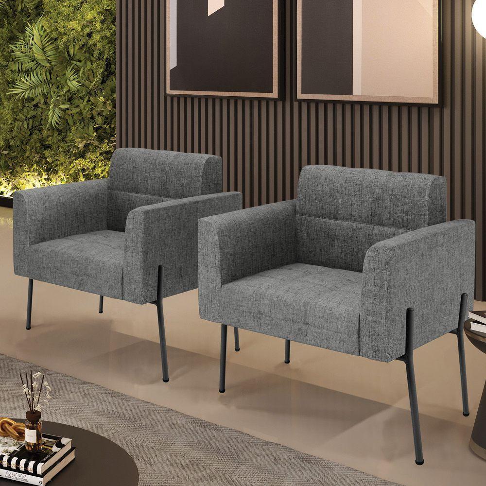 Poltrona Pé De Ferro Preto Para Sala Kit 2 Elisa Linho Grafite A26 D03 - D'rossi - 6