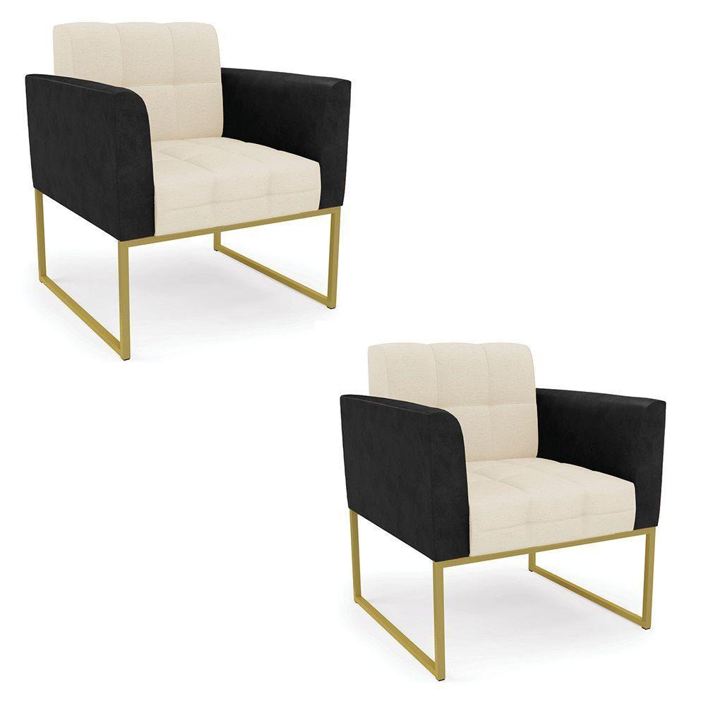 Poltrona Base Industrial Dourado Kit 2 Elisa Preto-linho Bege A19 D03 - D'rossi - 1