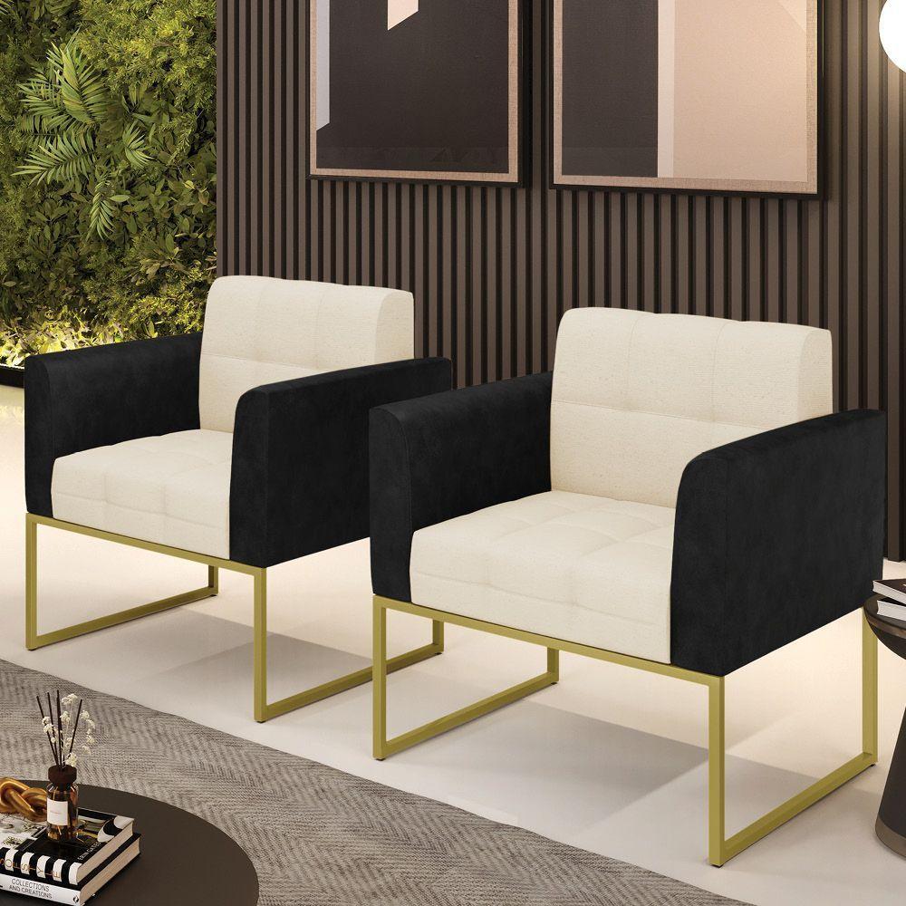 Poltrona Base Industrial Dourado Kit 2 Elisa Preto-linho Bege A19 D03 - D'rossi - 6