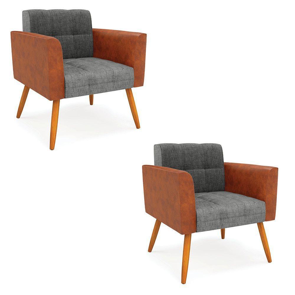 Poltrona Pés Palito Castanho Kit 2 Elisa Nozes-linho Grafite A26 D03 - D'rossi - 1