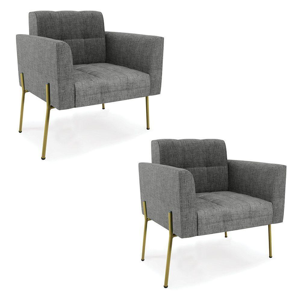 Poltrona Pé De Ferro Dourado Para Sala Kit 2 Elisa Linho D03 - D'rossi Cor A26 Grafite - 1