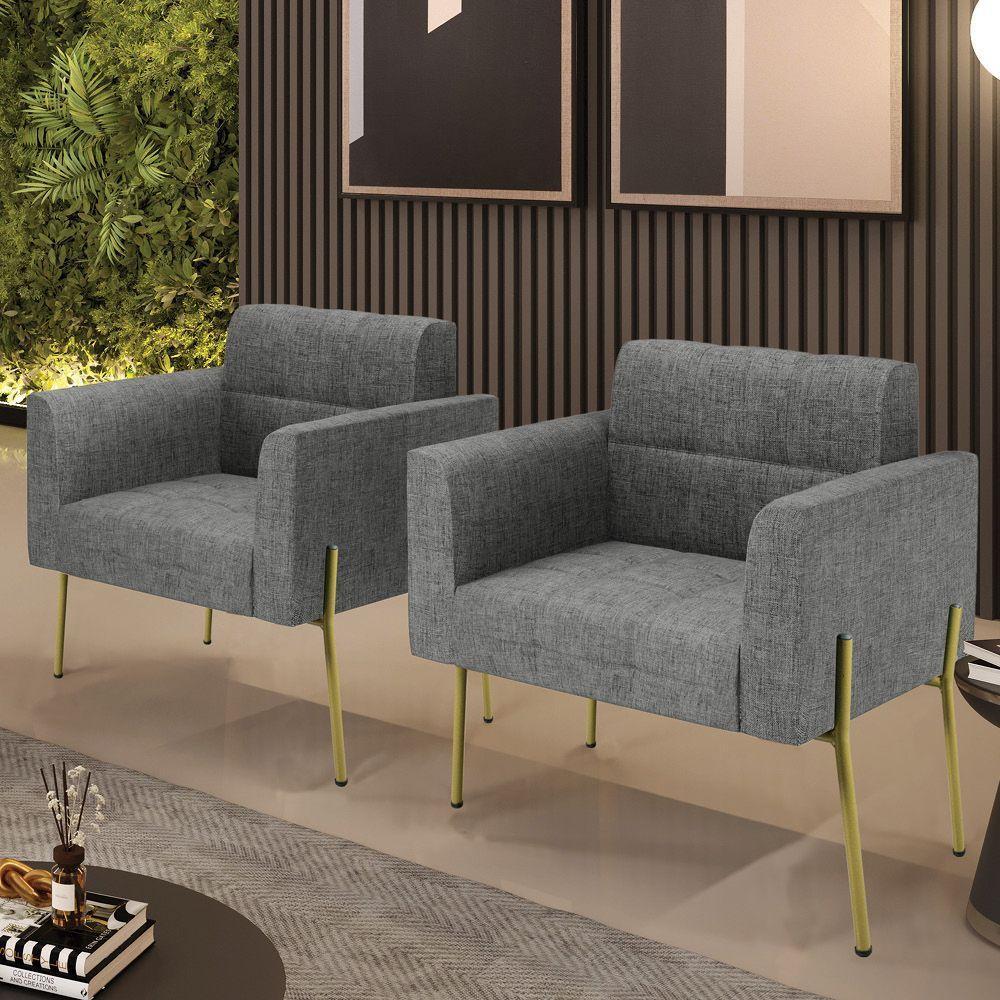 Poltrona Pé De Ferro Dourado Para Sala Kit 2 Elisa Linho D03 - D'rossi Cor A26 Grafite - 6